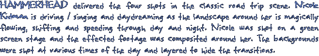 HAMMERHEAD delivered the four shots in the classic road trip scene. Nicole Kidman is driving / singing and daydreaming as the landscape around her is magically flowing, shifting and speeding through day and night. Nicole was shot on a green screen stage and the effected footage was composited around her. The backgrounds were shot at various times of the day and layered to hide the transitions.