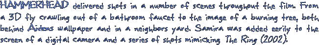 HAMMERHEAD delivered shots in a number of scenes throughout the film. From a 3D fly crawling out of a bathroom faucet to the image of a burning tree, both behind Aidens wallpaper and in a neighbors yard. Samira was added eerily to the screen of a digital camera and a series of shots mimicking The Ring (2002).
